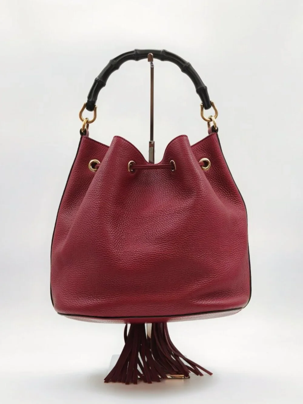 Gucci Bamboo Daily Pebbled Leather Bucket Bag Bordeaux Red Tassel Shoulder Bag